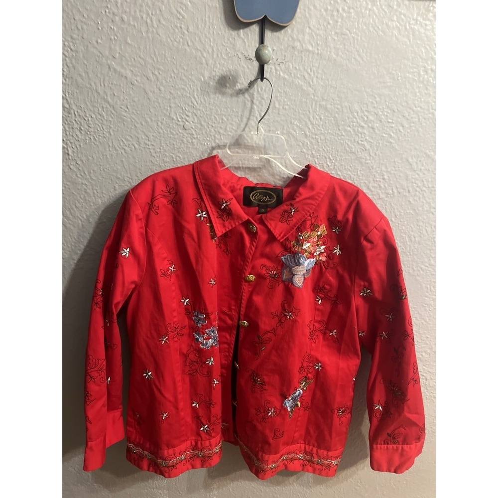 Alex Kim Vintage Embroidered Red‎ Coat Size 2X Floral Cotton Women